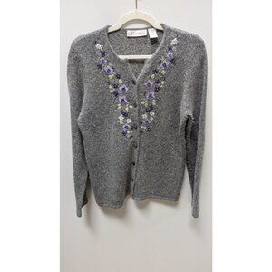 dressbarn Grey Silk & Rabbit Blend Embroidered Cardigan